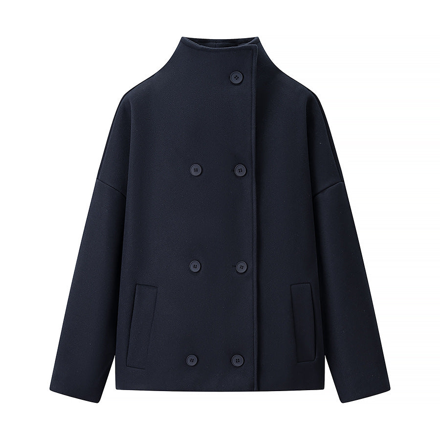 Damen Kurze doppeltgeknöpfte Oversize-Boxy-Jacke mit Stehkragen und Eingrifftaschen Nord Taschen