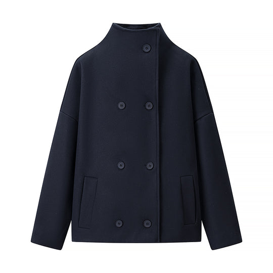 Damen Kurze doppeltgeknöpfte Oversize-Boxy-Jacke mit Stehkragen und Eingrifftaschen Nord Taschen