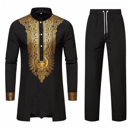 Herren Traditionelles Tunika-Set mit Stehkragen und goldfarbenem Ornamentdruck, Longshirt & Tunnelzughose Nord Taschen