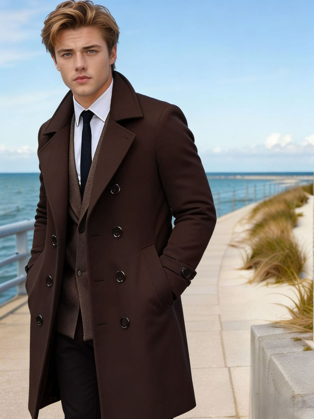 Herren Doppelreihiger Wollmantel mit breitem Revers und taillierter Silhouette Nord Taschen