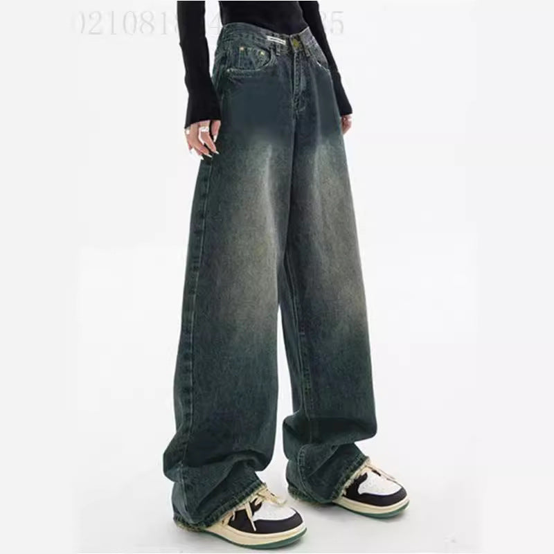 Damen hochgeschnittene extraweite Baggy-Jeans mit überlangem Saum und Vintageoptik Nord Taschen
