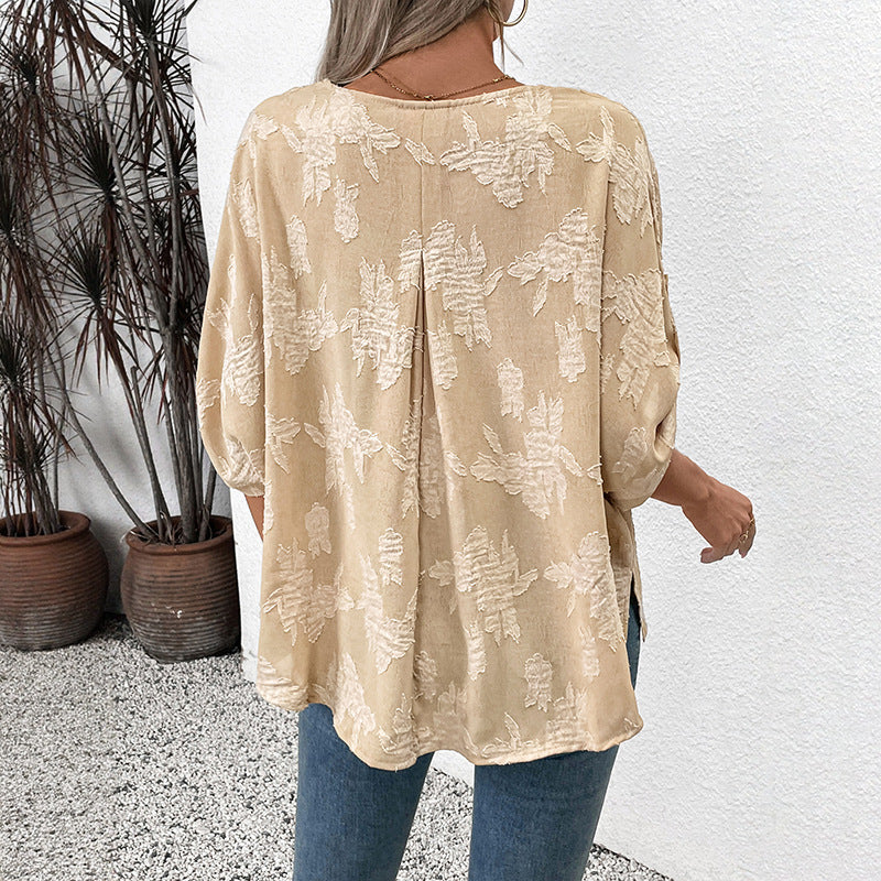 Damen Modische Bluse mit V-Ausschnitt und floralen Applikationen Nord Taschen