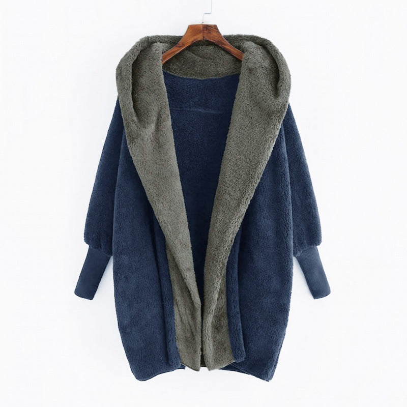Damen Oversized Kunstfell-Kapuzenmantel mit kontrastierender Teddy-Innenseite und Rippbündchen Nord Taschen