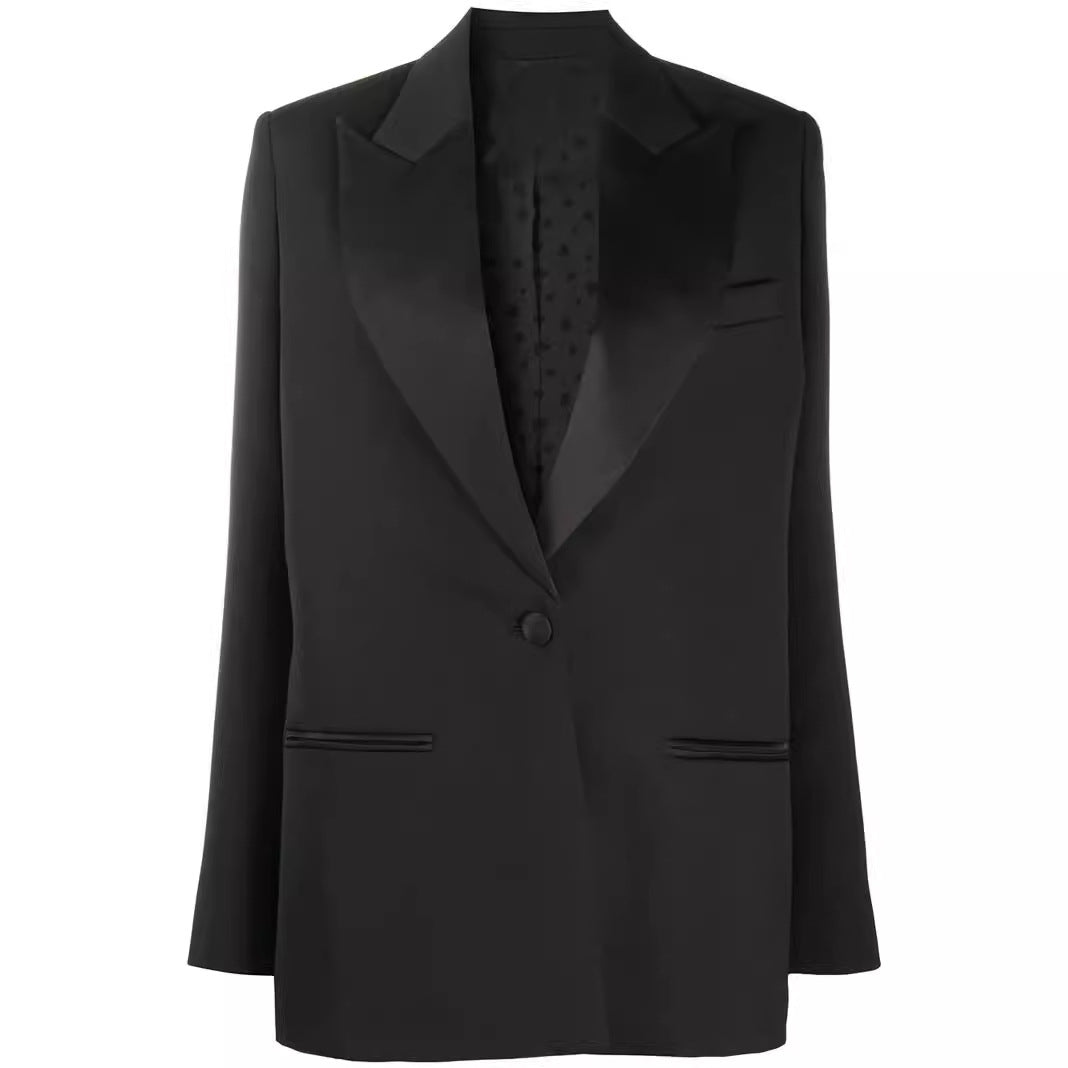 Damen Oversize Einreihiger Longblazer mit Satin-Schalkragen und cleanem Tailoring Nord Taschen