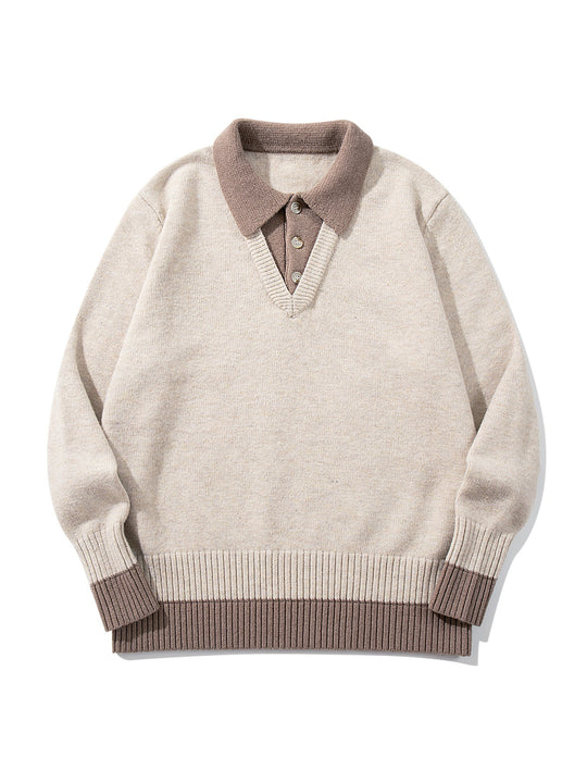 Herren Polokragen-Strickpullover mit Knopfleiste und kontrastierten Bündchen Nord Taschen