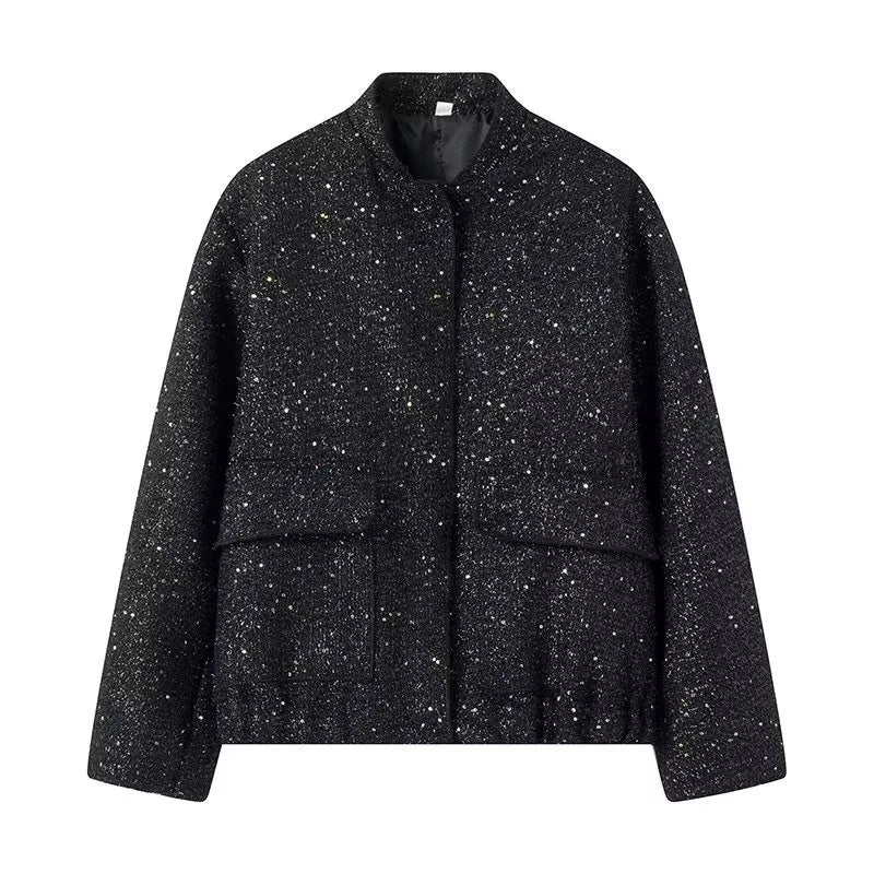 Damen 400+ Bouclé Kurzjacke mit Stehkragen, Pattentaschen und taillierendem Saum Nord Taschen