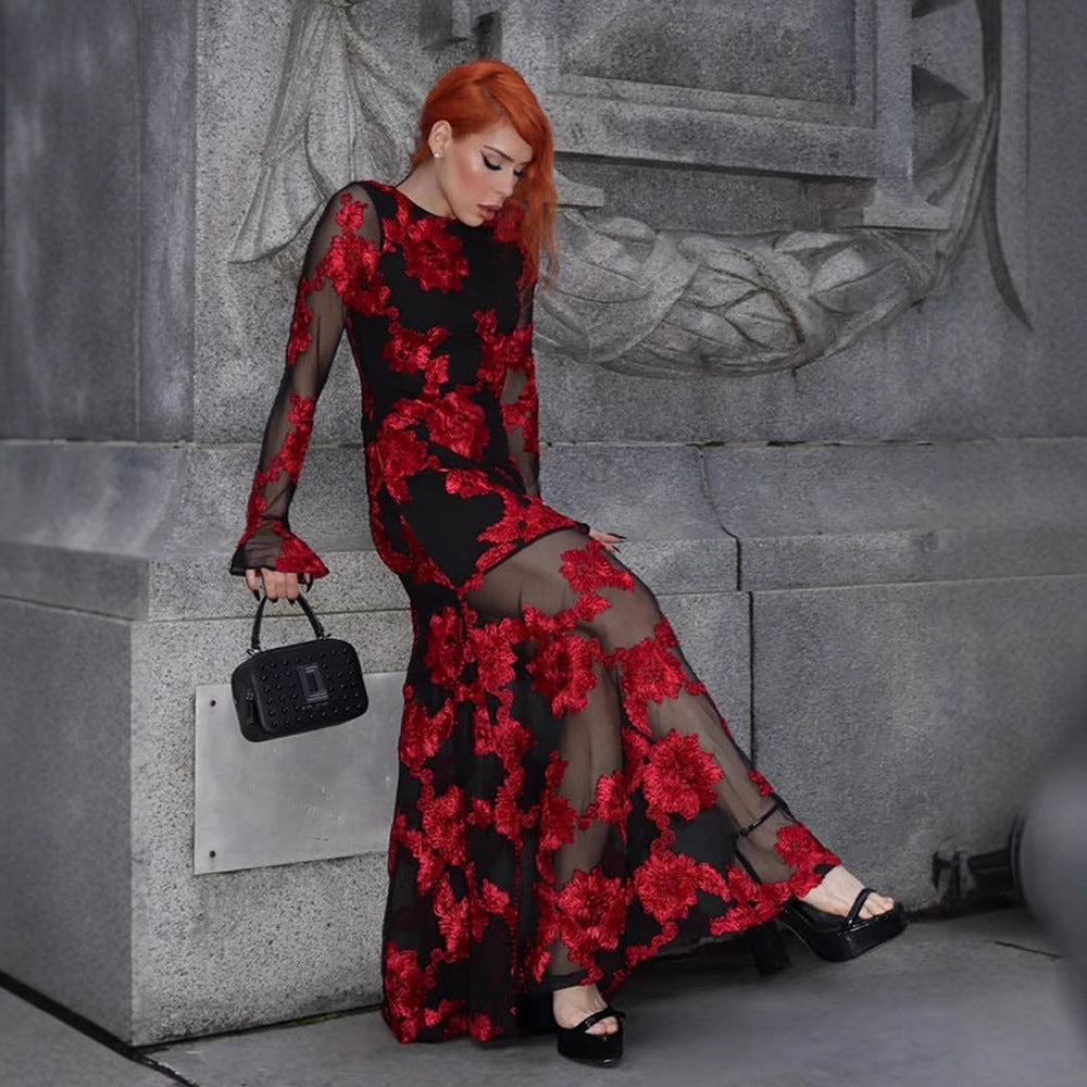 Damen Maxikleid mit transparentem Mesh und floraler Stickerei Nord Taschen