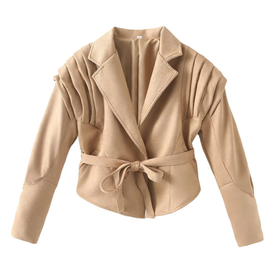 Damen Taillierte Wickeljacke aus Wildlederoptik mit Schulterplissee und Bindegürtel Nord Taschen
