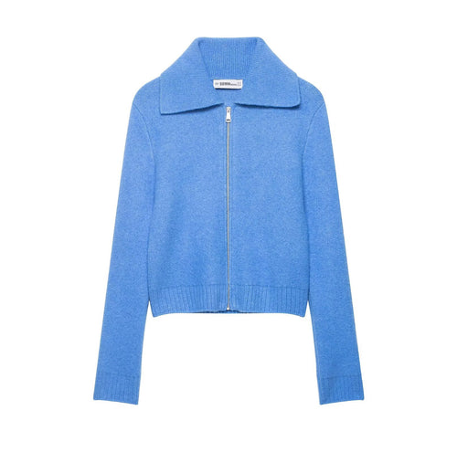 Damen Kurze Strickjacke mit Reißverschluss, weitem Polokragen und geripptem Saum Nord Taschen