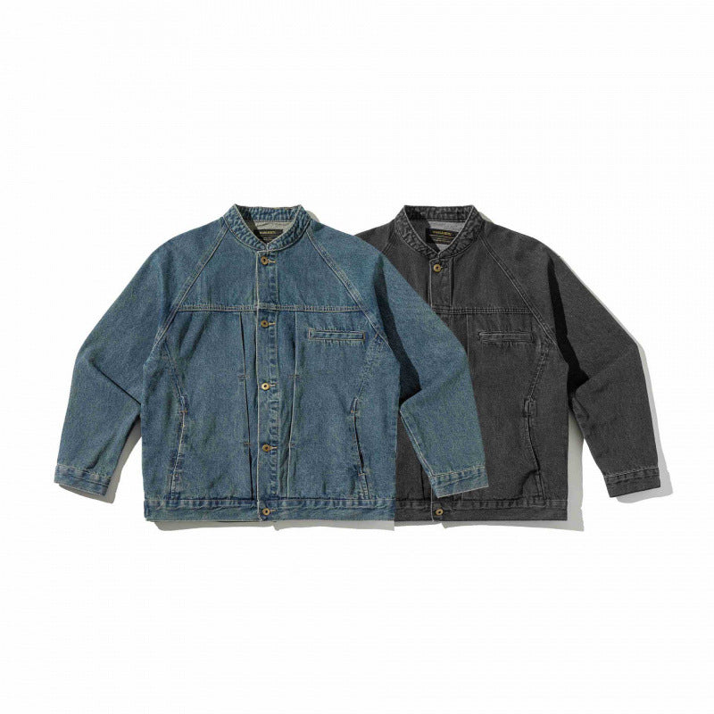 Unisex Boxige Denim‑Hemdjacke im Worker‑Look mit Stehkragen, Raglanärmeln und Brust‑Welttasche Nord Taschen