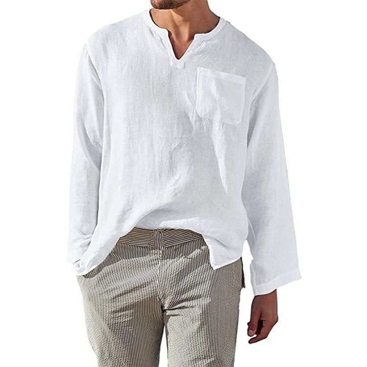 Herren Leinen Langarmshirt mit Henley-Ausschnitt und Brusttasche
