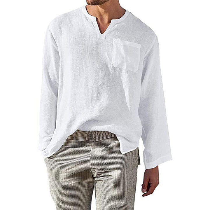 Herren Leinen Langarmshirt mit Henley-Ausschnitt und Brusttasche