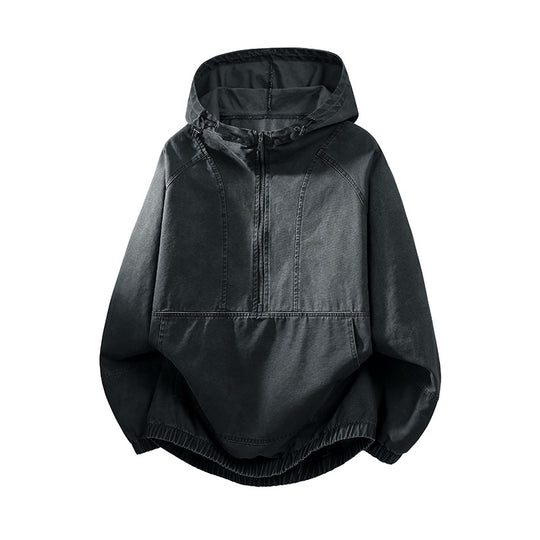 Herren Oversize Canvas-Halbzip-Kapuzenanorak mit Kängurutasche und elastischem Saum Nord Taschen