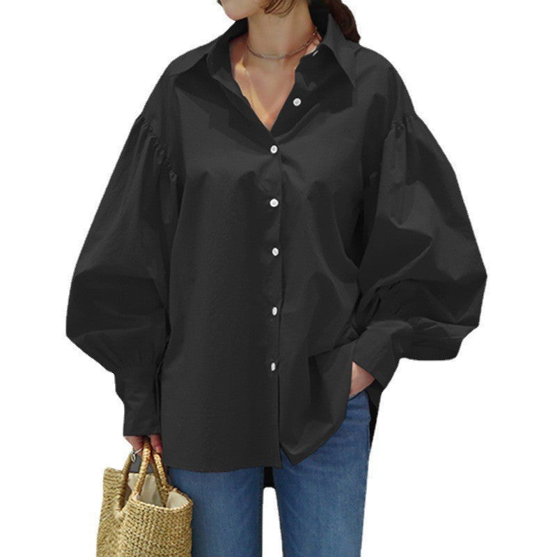 Damen Oversize-Bluse mit Ballonärmeln und Hemdkragen Nord Taschen