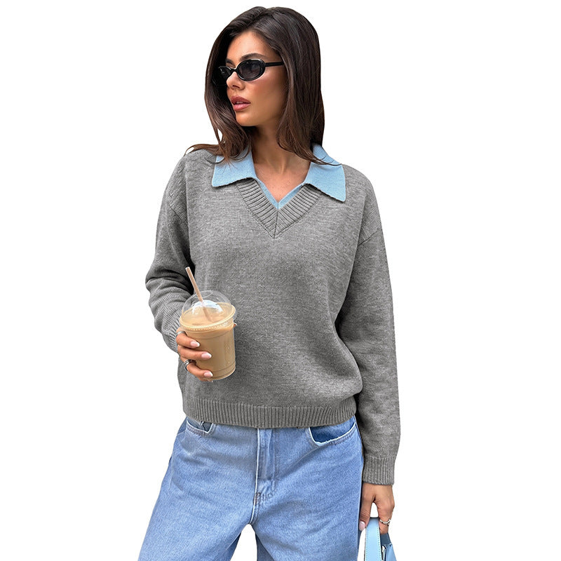 Damen Eleganter V-Ausschnitt Pullover mit Hemdkragen Nord Taschen