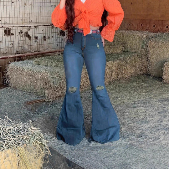 Damen Figurformende Schlagjeans im Retro‑Flair mit zerrissenen Knien und taillenbildendem Komfortbund Nord Taschen