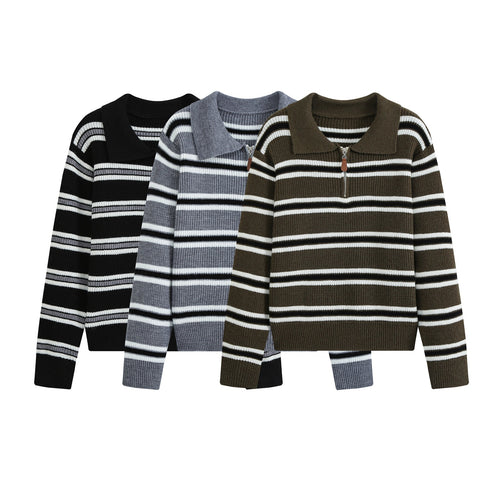 Damen Gestreifter Strickpullover mit Polokragen und Halbreißverschluss Nord Taschen
