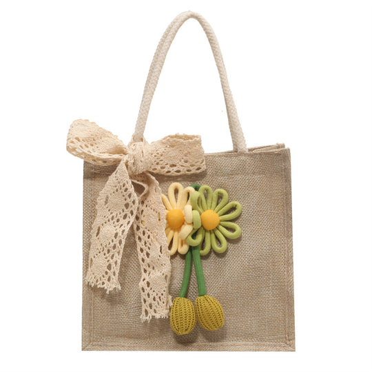 Damen Jute-Strandtasche mit floralem Dekor und verspieltem Schleifenakzent Nord Taschen