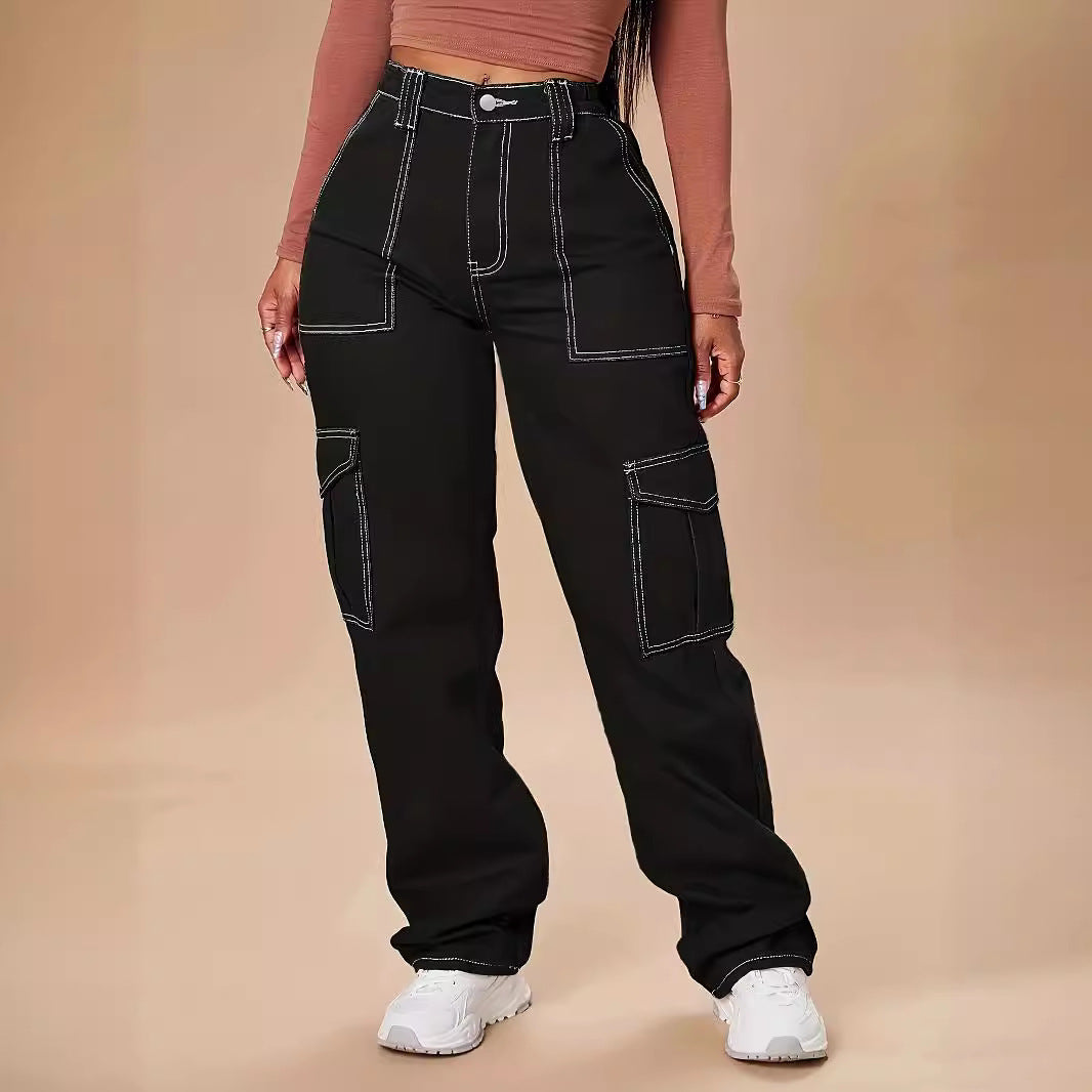 Damen Utility-Cargo-Hose mit weitem Bein, hoher Taille und kontrastierenden Ziernähten Nord Taschen