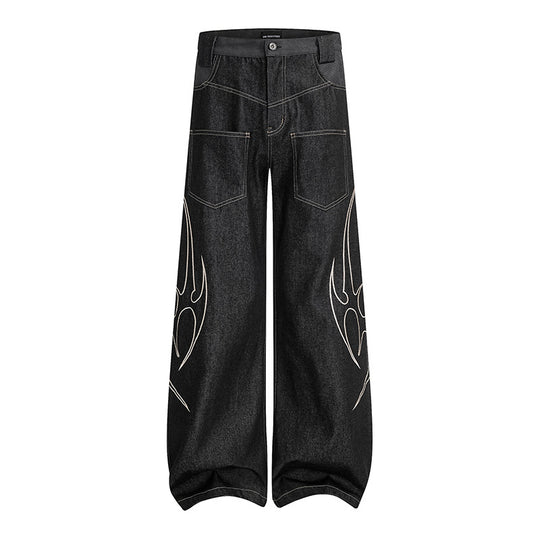 Damen Weite High‑Waist Denim‑Cargohose mit Flammenstickerei und aufgesetzten Taschen Nord Taschen