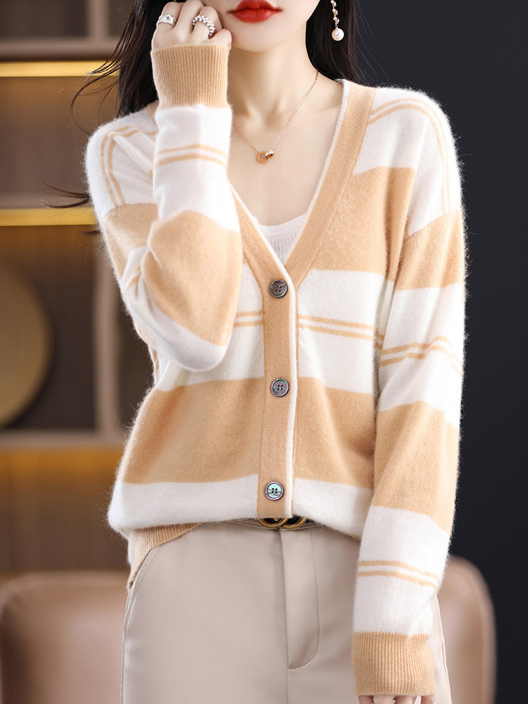 Damen Midilanger Feinstrick-Cardigan mit breiten Blockstreifen, V-Ausschnitt und gerippten Bündchen Nord Taschen
