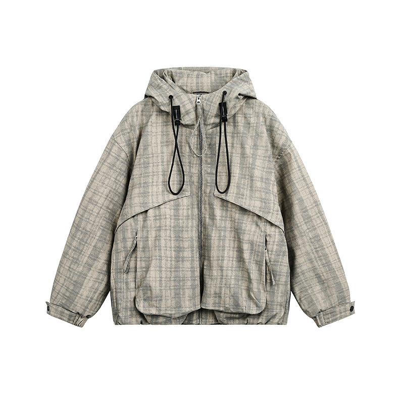 Unisex Oversize Utility Kapuzenjacke mit Karomuster und Kordelzug Nord Taschen