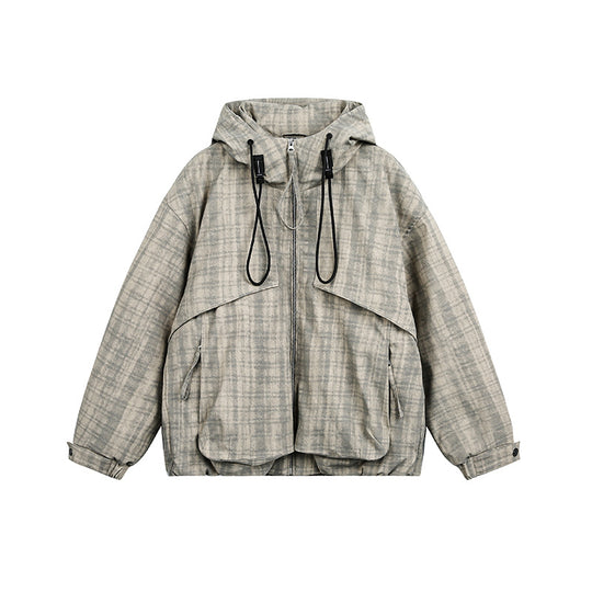 Unisex Oversize Utility Kapuzenjacke mit Karomuster und Kordelzug Nord Taschen