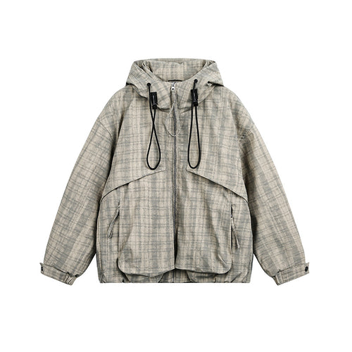 Unisex Oversize Utility Kapuzenjacke mit Karomuster und Kordelzug Nord Taschen