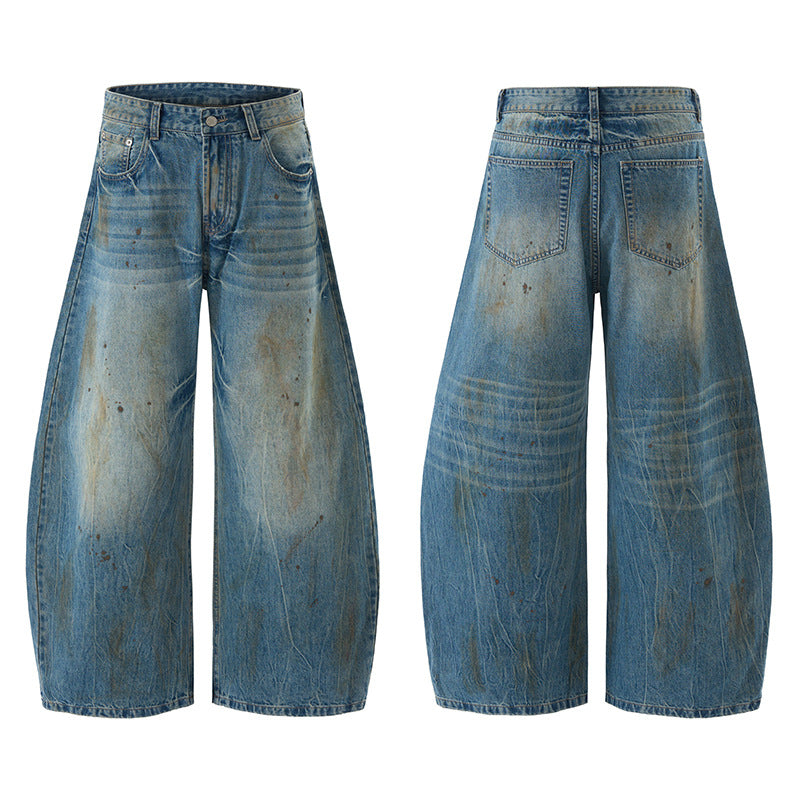 Herren Ultraweite Denim-Baggyhose im Vintage-Look mit Farbpatina und tiefem Schritt Nord Taschen