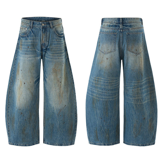 Herren Ultraweite Denim-Baggyhose im Vintage-Look mit Farbpatina und tiefem Schritt Nord Taschen