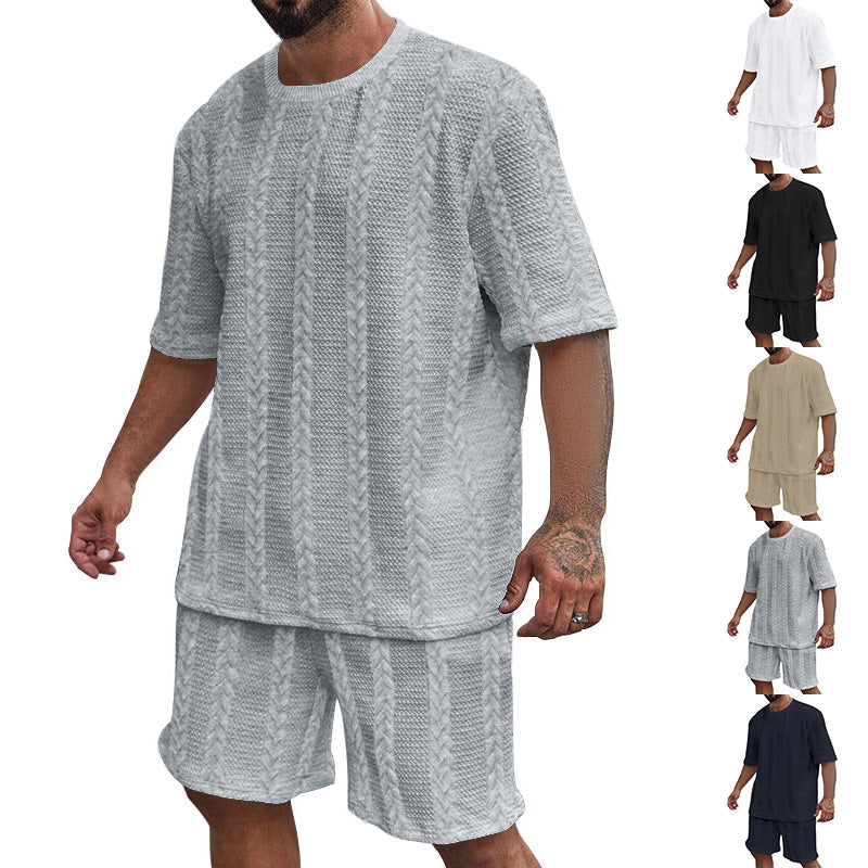 Herren nan entspanntes Zopfstrick-Freizeitset mit weitem Kurzarmshirt und elastischer Bermuda