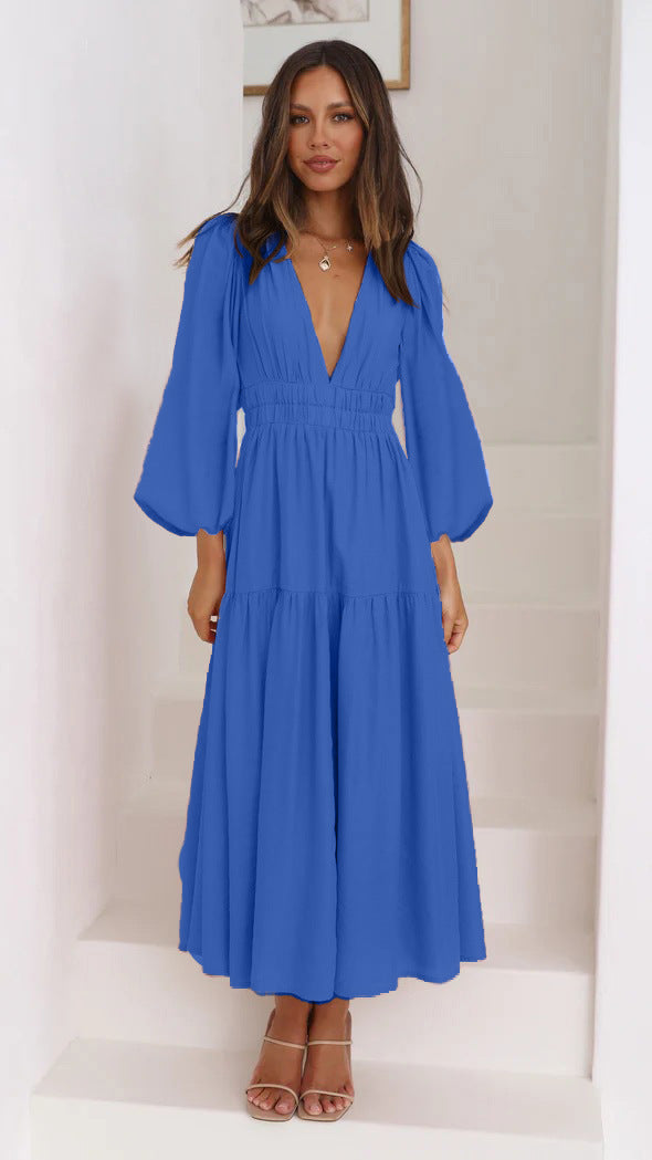 Damen Langarm Maxikleid mit tiefem V-Ausschnitt und weitem Rock