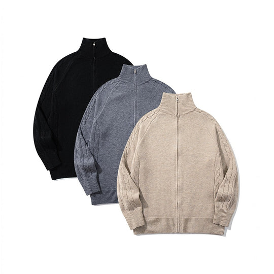Herren Grobstrick‑Zipjacke mit Funnelkragen, Raglanärmeln und Zopfmuster Nord Taschen