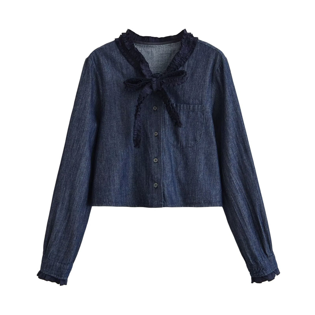 Damen Weite Denim-Hose mit Wickelrock-Overlay und Bindebändern Nord Taschen