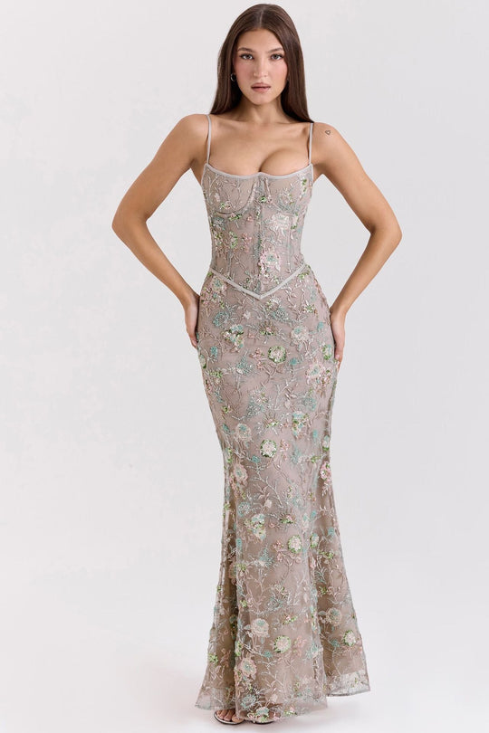 Damen nan elegantes besticktes Abendkleid mit Korsettoberteil und transparentem Spitzenüberzug - Vittorelli