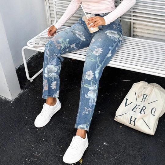 Damen High-Waist Straight-Jeans mit floralem Print und relaxed Fit Nord Taschen