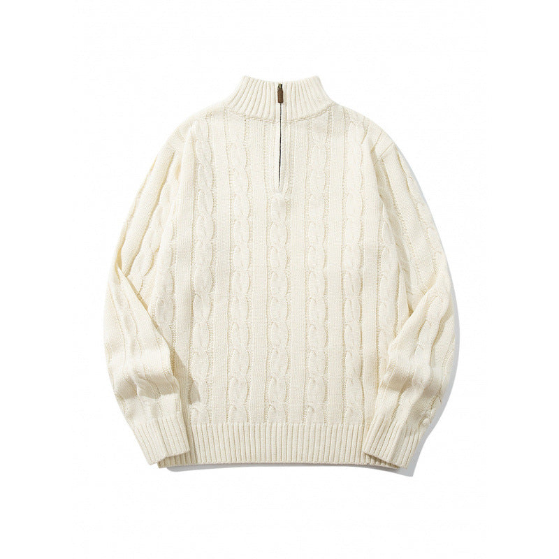 Unisex Grobgestrickter Halbreißverschluss-Zopfmuster-Pullover mit Stehkragen und gerippten Abschlüssen Nord Taschen