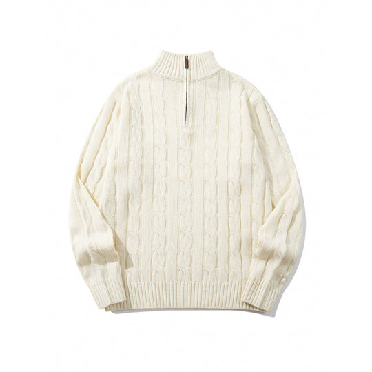 Unisex Grobgestrickter Halbreißverschluss-Zopfmuster-Pullover mit Stehkragen und gerippten Abschlüssen Nord Taschen