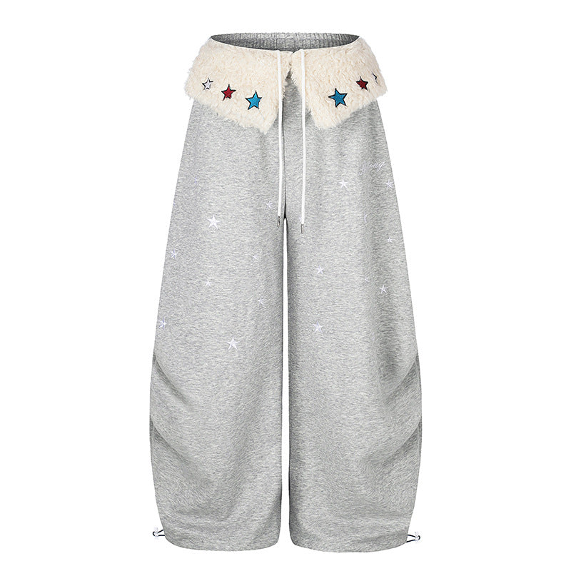 Damen Extraweite Palazzo-Jogginghose mit Teddybund, Kordelzug und Sternstickerei Nord Taschen