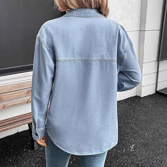 Damen Oversize Jeanshemdjacke im Washed-Look mit Brusttaschen und durchgehender Knopfleiste Nord Taschen