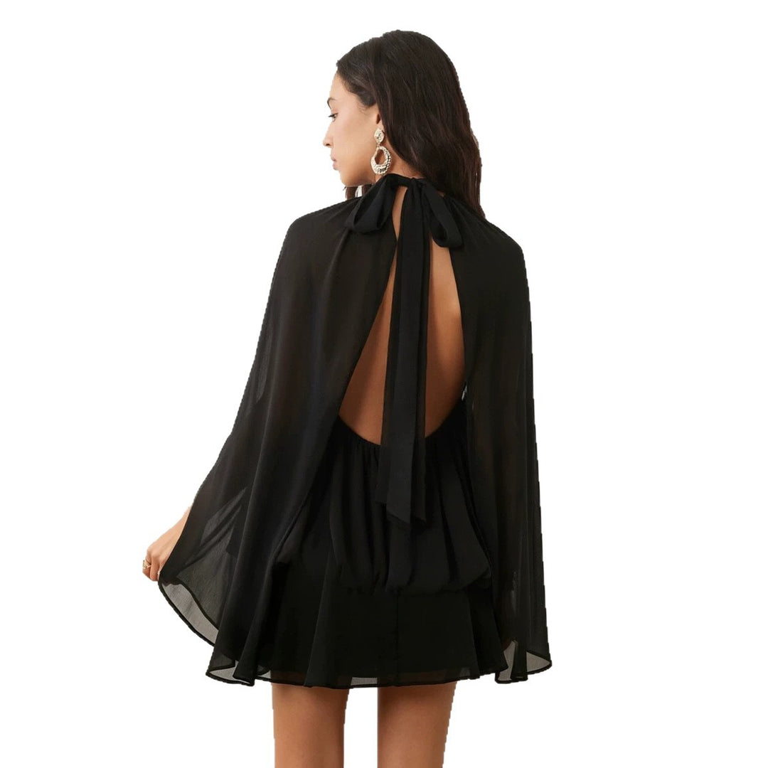 Damen Chiffon-Minikleid mit geraffter Blusentunika, Stehkragen und Volantrock Nord Taschen
