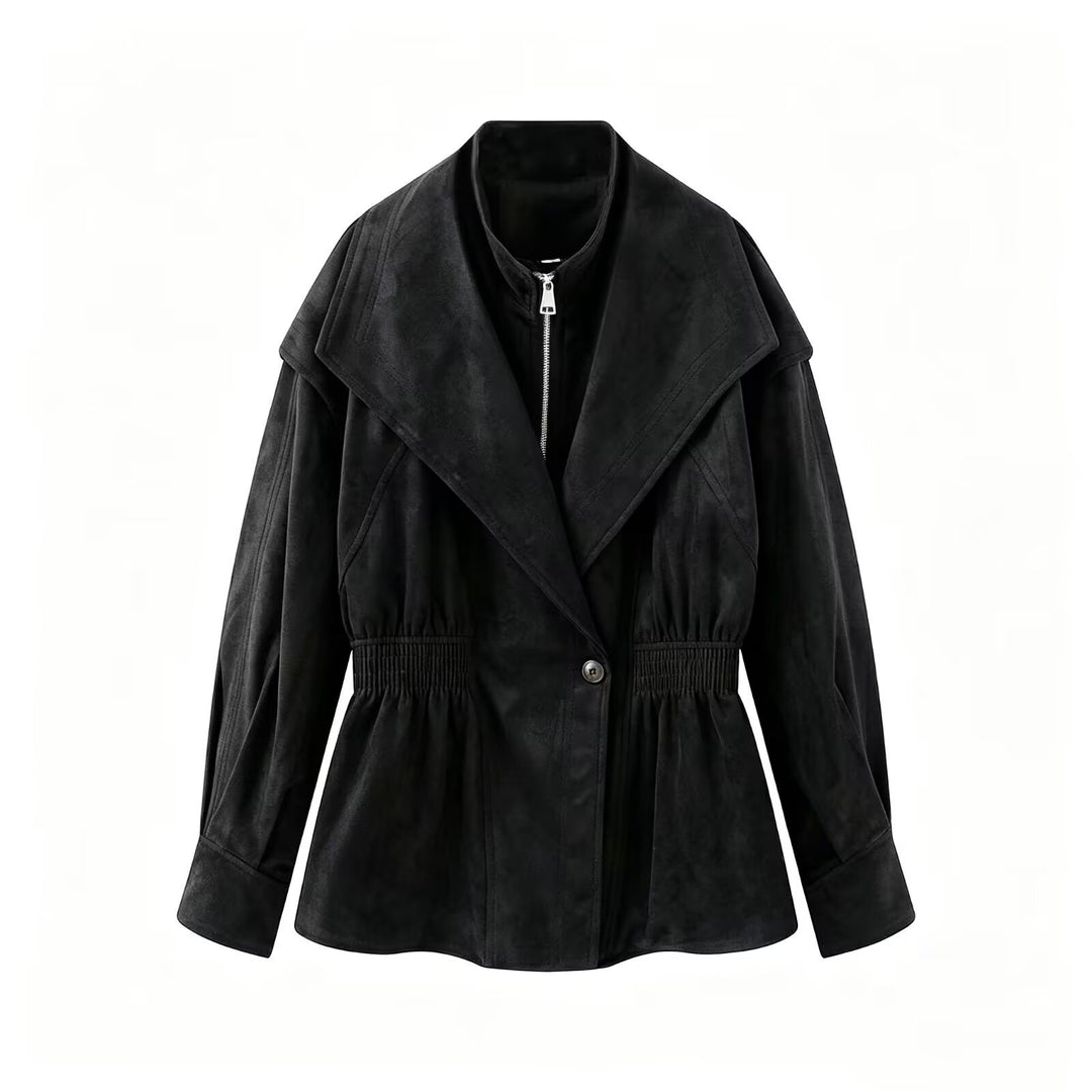 Damen Kurzjacke aus Veloursimitat mit weitem Schalkragen und Taillenraffung Nord Taschen