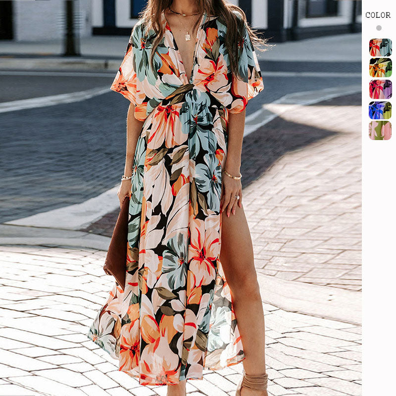 Damen Maxikleid mit floralem Wickeldesign und tiefem V-Ausschnitt
