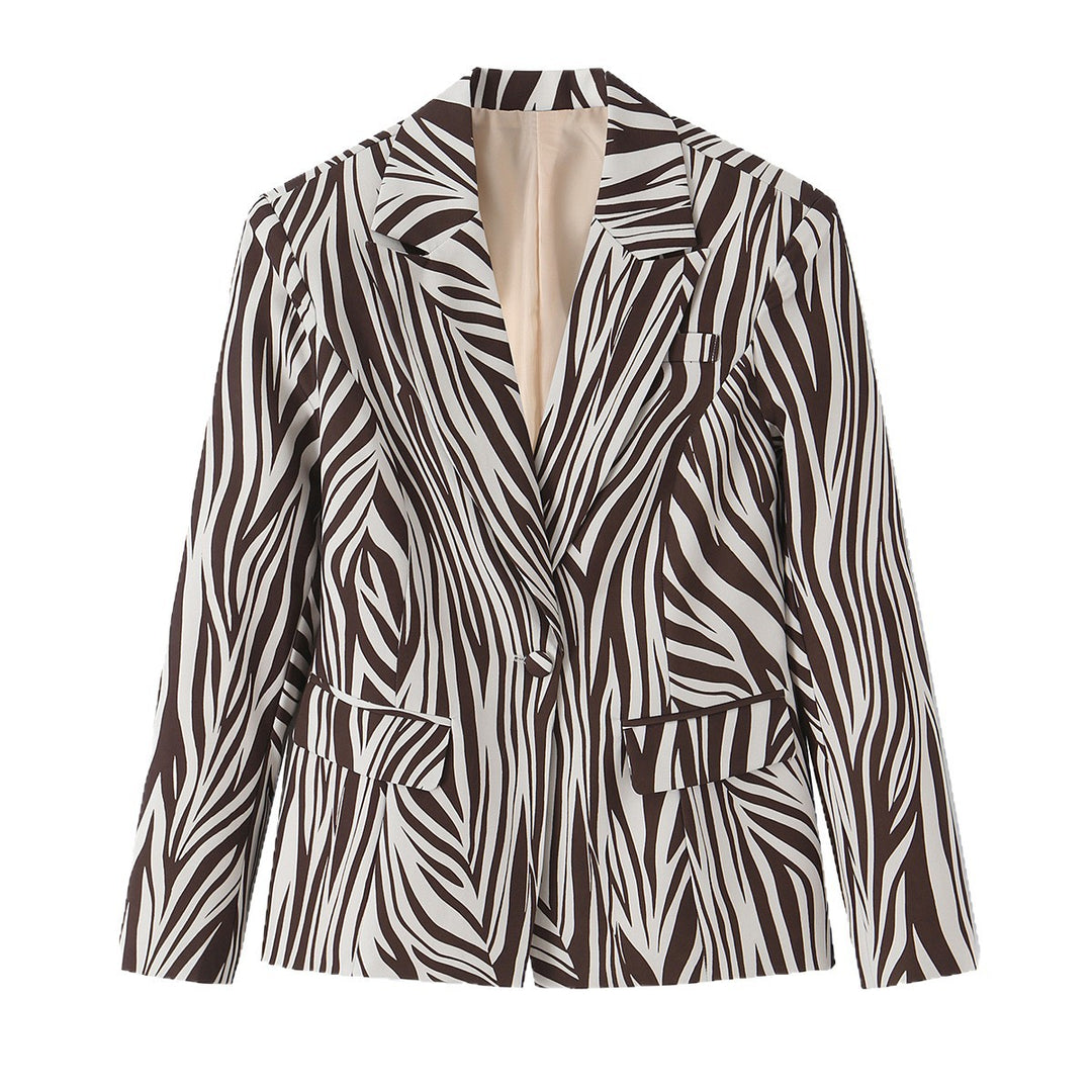 Damen Taillierter Zebra-Print Blazer mit Reverskragen und Pattentaschen Nord Taschen