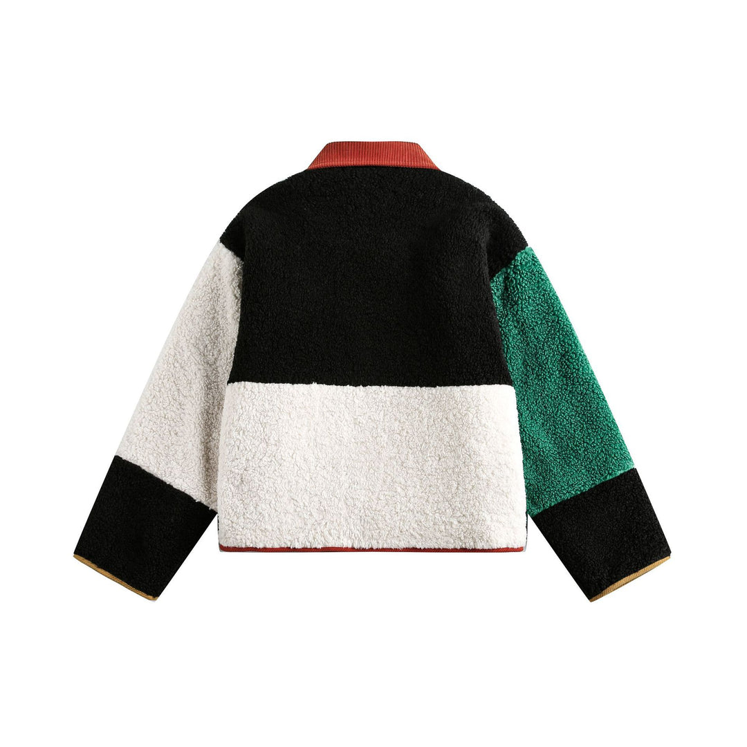 Unisex Boxy Patchwork Sherpa-Fleecejacke mit Cordkragen und aufgesetzten Taschen Nord Taschen