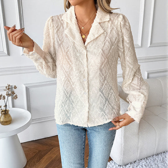 Damen Transparente Strukturbluse mit Fransenoptik, Hemdkragen und durchgehender Knopfleiste Nord Taschen