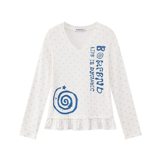 Damen Langarmshirt mit V-Ausschnitt, Rüschen-Saum und grafischem Spiralmotiv Nord Taschen