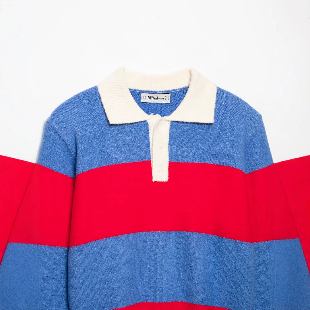 Damen Gestreifter Rugby-Pullover mit Polokragen und kurzem Schnitt Nord Taschen
