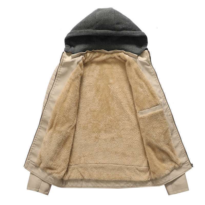 Herren Kunstleder-Hoodie-Blouson mit Teddyfutter, gesteppter Ärmelpasse und Kapuzenlayer Nord Taschen