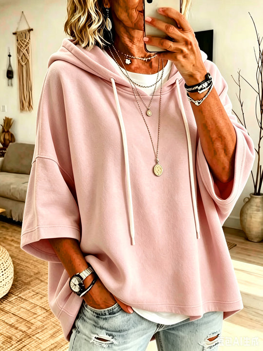 Damen Kurzarm-Oversize-Hoodie mit Kapuze und Kontrastkordel Nord Taschen